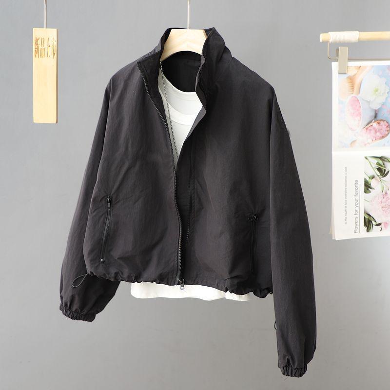 Women's High Collar Spring & Autumn Windbreaker: Lightweight, Solid Color, Short Cardigan - Fashionable Belly-Covering Jacket for 2025.