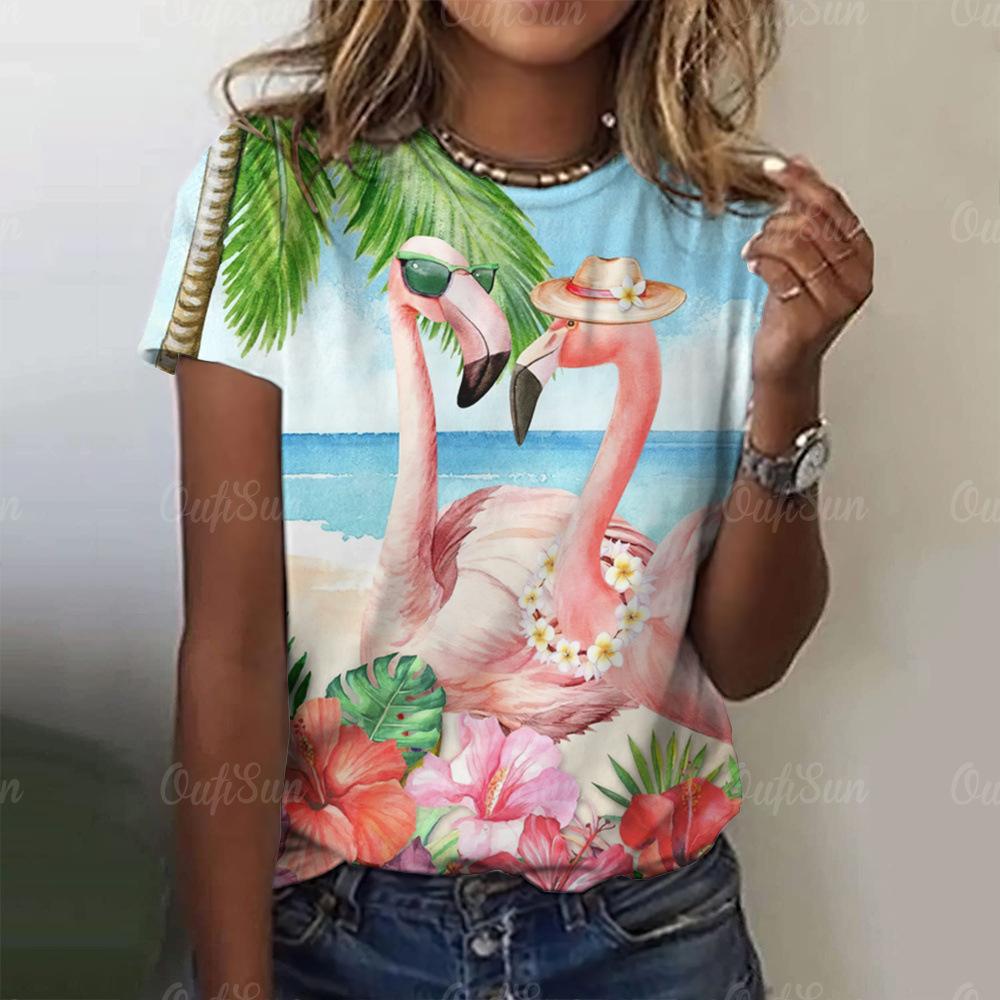 Women's Flamingo Print Round Neck T-shirt 3D Digital Print Elegant T-shirt Women's Top 3178 EMA