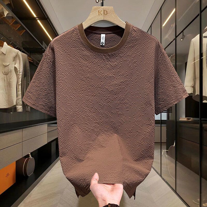 Ice Silk Men T-shirt Short-sleeved High-end New Light Luxury High-quality Solid Color Bubble Yarn Texture Round Neck Hand Towel