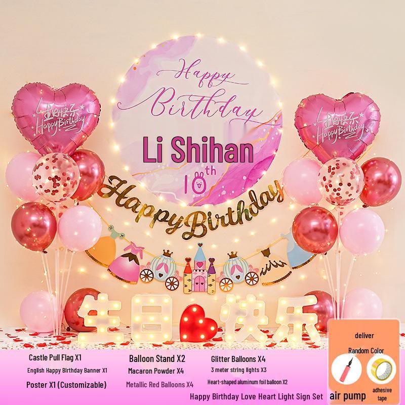 Happy Birthday Balloons for 7-8-Year-Old Girls - Home Party Decoration and Background Wall Decor