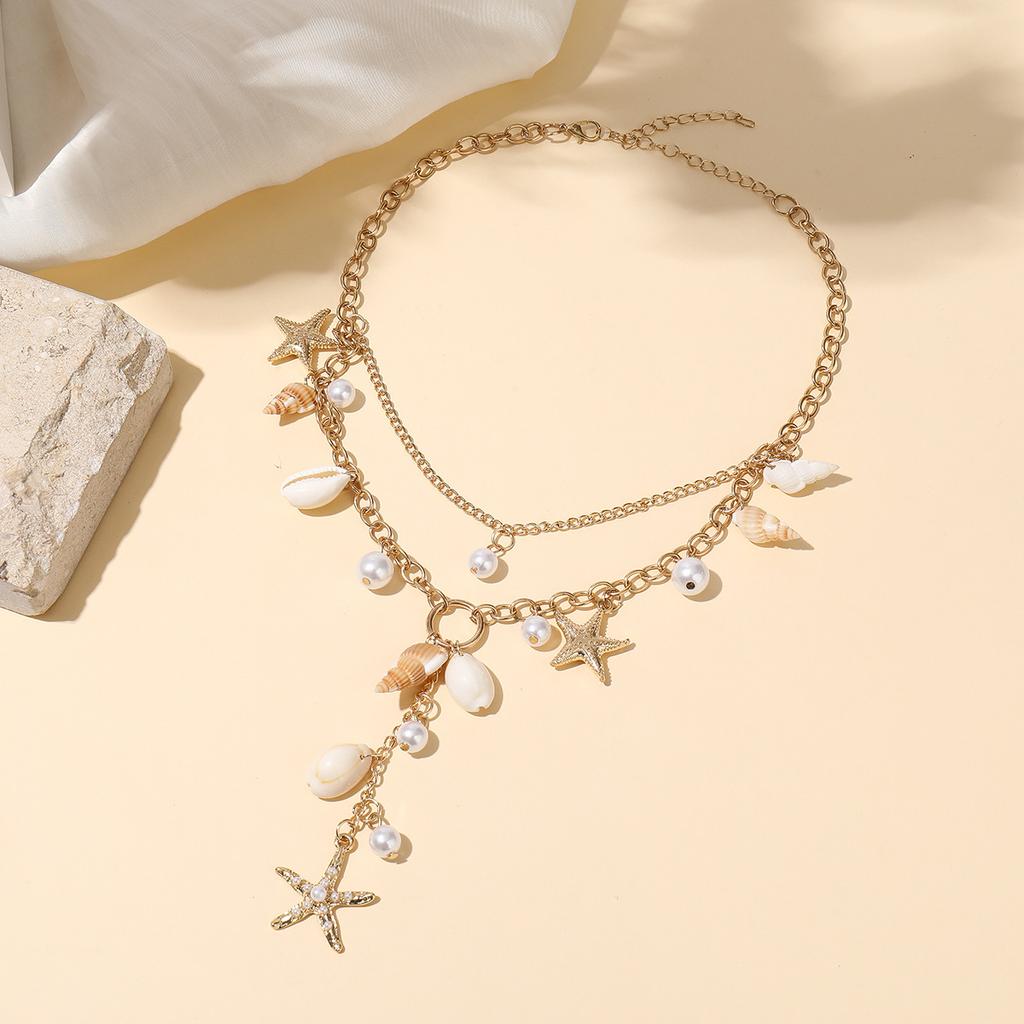 Beaded Necklace Beach Imitation Pearl Necklace Starfish Shell Vintage Vacation