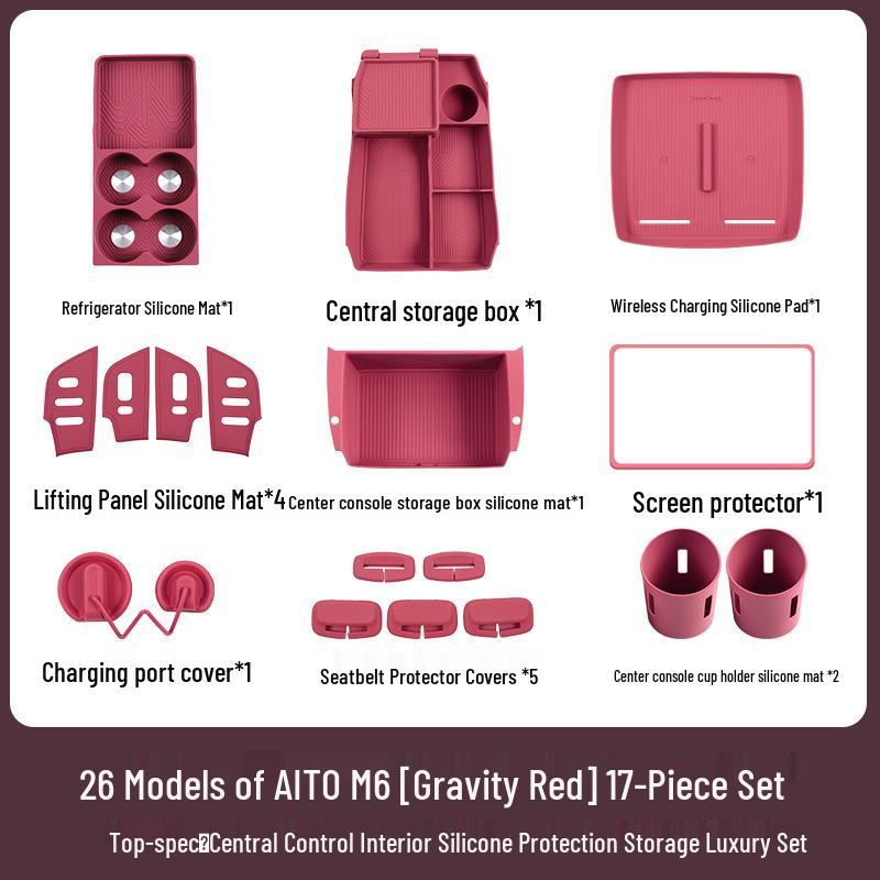 Compatible with 26 AITO M7 models, this silicone car interior set features wireless charging capabilities and decorative modifications.