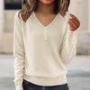 Women's Fashion V-Neck Button-Front Long-Sleeved Knit Top Solid Colour Loose-Fit Blouse