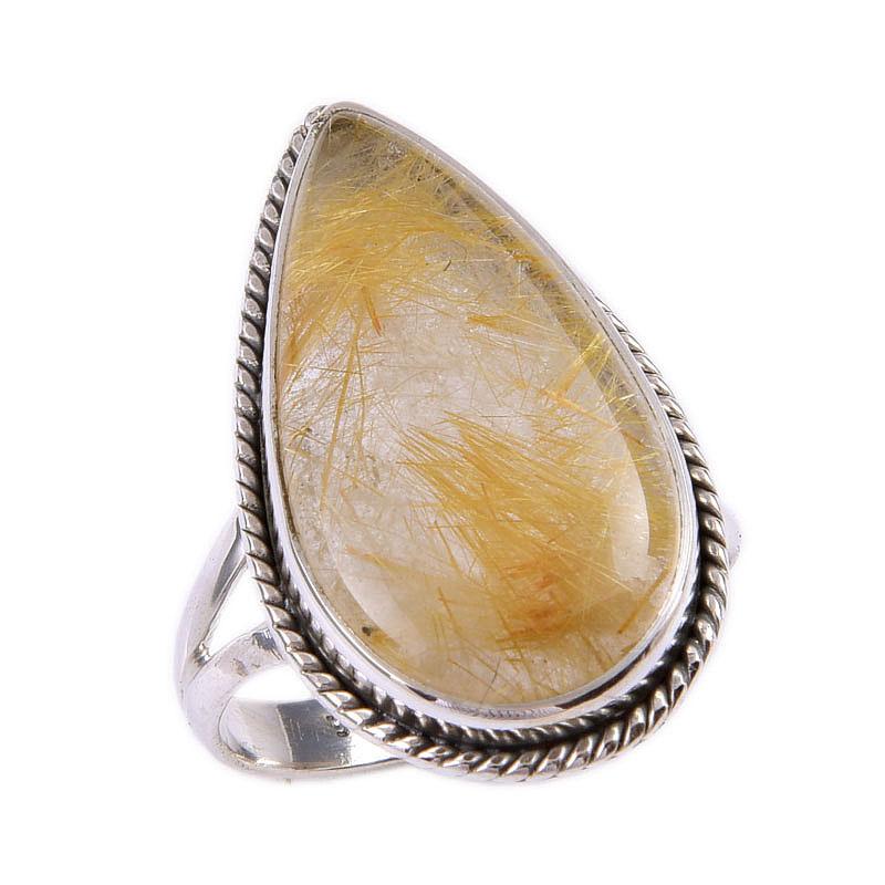 Natural Golden Rutile Gemstone Handmade 925 Solid Silver Jewelry Ring S.8 U5m46