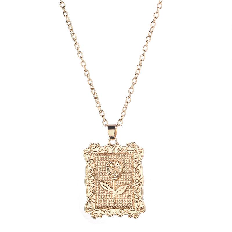 Pozlacený Pop Geometrický Čtvercový Růžový Květ Řetízek na Klíční Kost Svetrový Řetízek Elegantní Šperky Pro Ženy