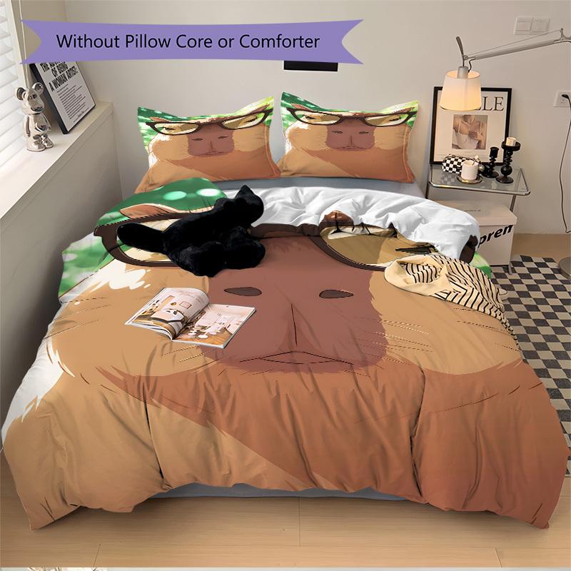3pcs Glasses, Capybara Bedding Set - 1 Duvet Cover + 2 Pillowcases(Core Not Included), Machine Washable Polyester, All-Season Comfort, Bedro