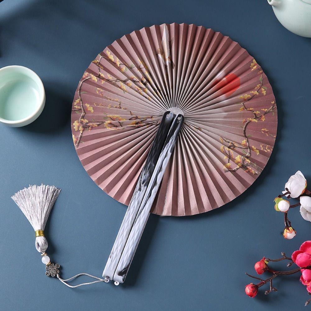 Vintage Foldable Paper Fan Floral Pattern Chinese Style Fan Hanfu Round Paper Fan  Photography Prop