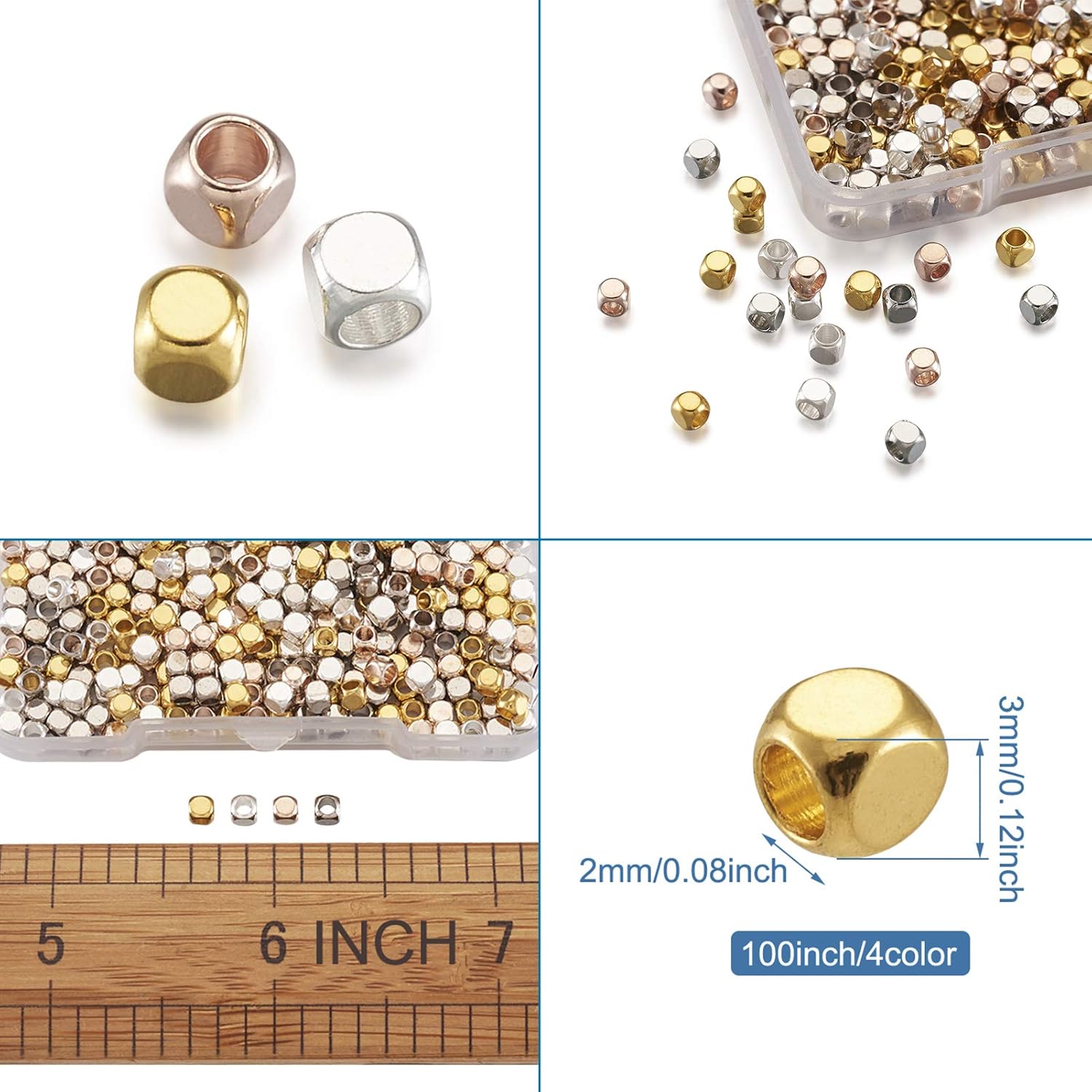 

Pandahall 400pcs 3x3mm Cube Spacer Beads Faceted Brass Square Column Nugget Beads Mixed 4 Colors for Jewelry Making Hole: 2mm