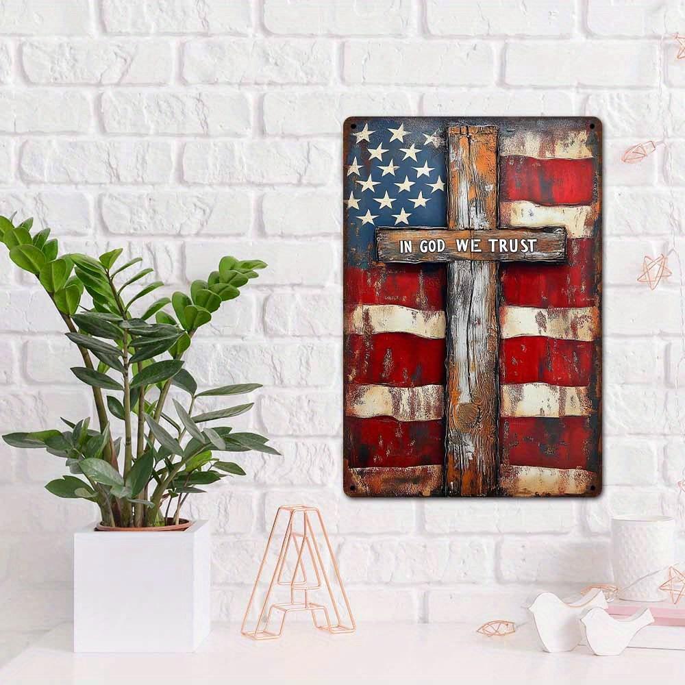 In God We Trust" Patriotic American Flag & Cross Aluminum Sign - 8x12in | Vintage Christian Wall Decor for Home, Church, Garage