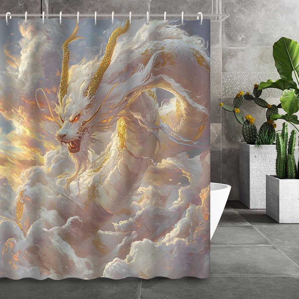 1 st Orientalisk Fantasy Vit Drake Duschdraperi, Dekorativt Tryckt Design med Krokar, Slitstark Polyester, för Badrum & Heminredning