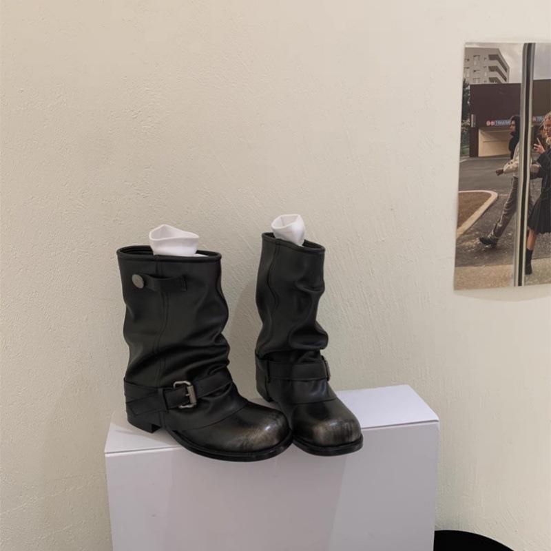 

Spice Girls Pants Boots~ Early 2025 Autumn New Trendy Wasteland Wind Pleated Pile Boots Buckle Strap Western Short Boots Women 40 чёрный