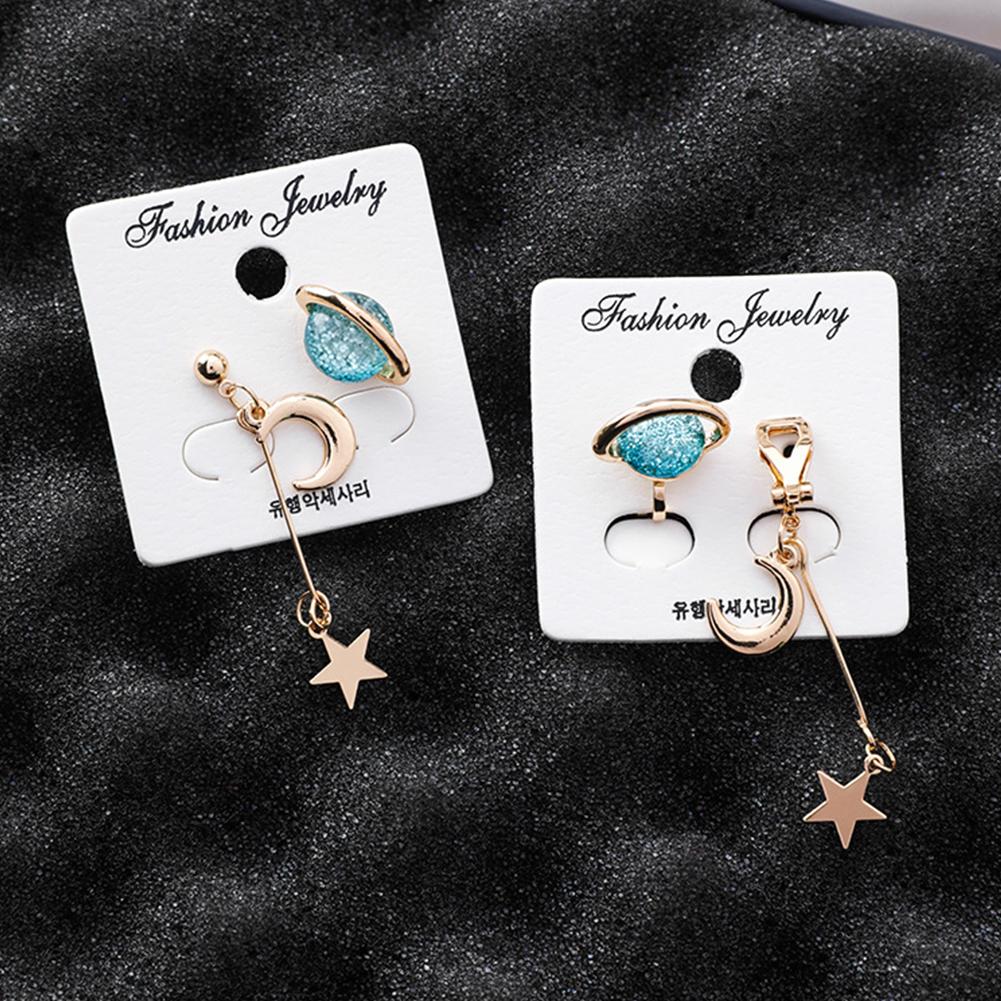Woman Stylish Elegant Star Moon Shaped Asymmetric Universe Element Earrings