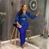 Elegant Plus Size African Womens Evening Dress Long Sleeve Deep V Neck Sequin Trimmed Fit-and-Flare Gown Party