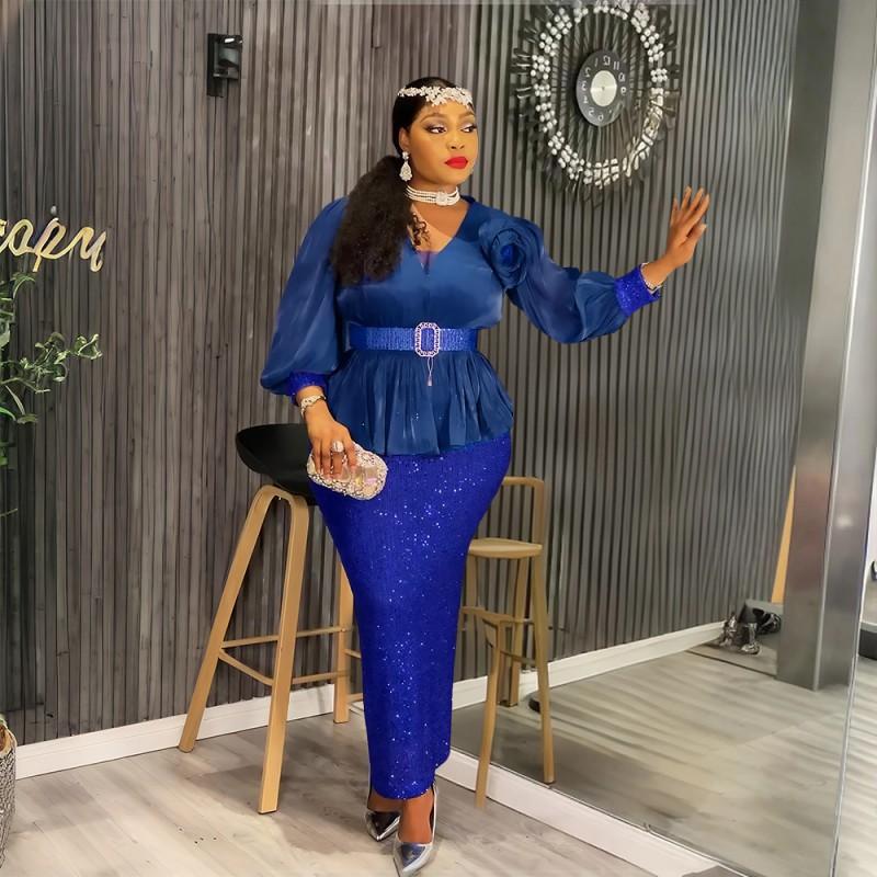 Elegant Plus Size African Womens Evening Dress Long Sleeve Deep V Neck Sequin Trimmed Fit-and-Flare Gown Party