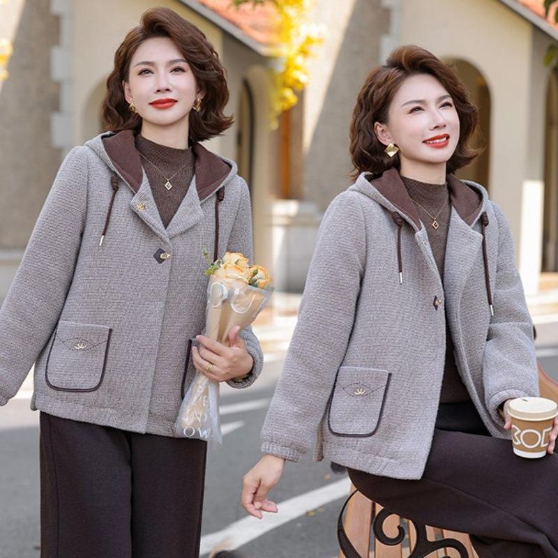 New Women's Clothing Autumn and Winter Woolen Hooded Top Medium Fleece Thickened Coat