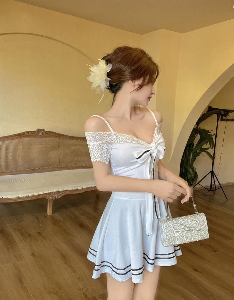 Sexy lace splicing waist pendulum new bow off-the-shoulder dress nightclub women's fashion skirt