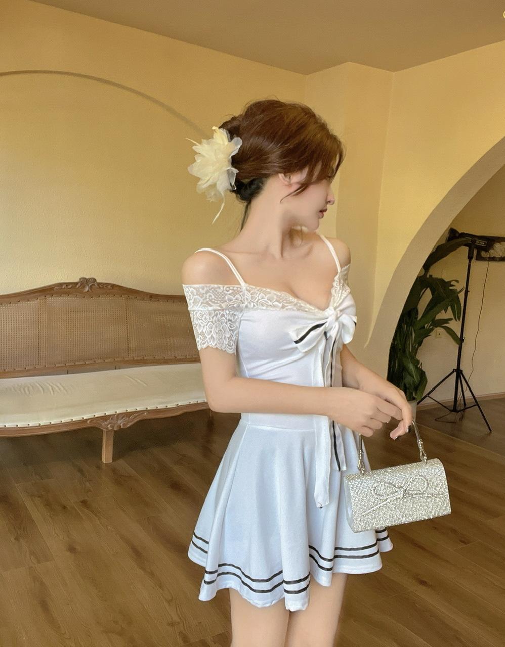 Sexy lace splicing waist pendulum new bow off-the-shoulder dress nightclub women s fashion skirt S белый