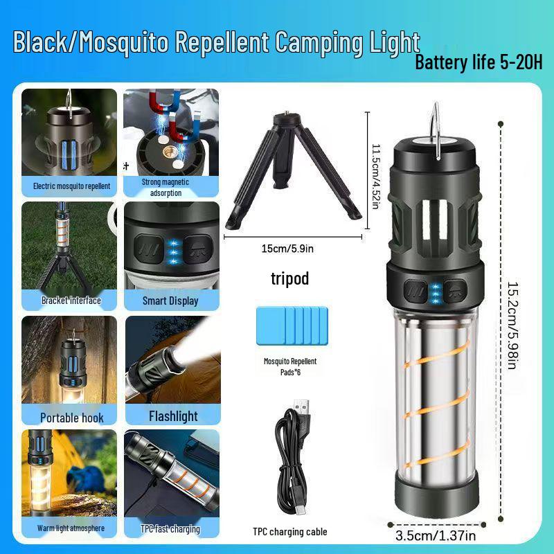 Multifunctional Camping Lantern: Mosquito Repellent, Long Battery, Type-C Charging, Magnetic, with Triangle Bracket