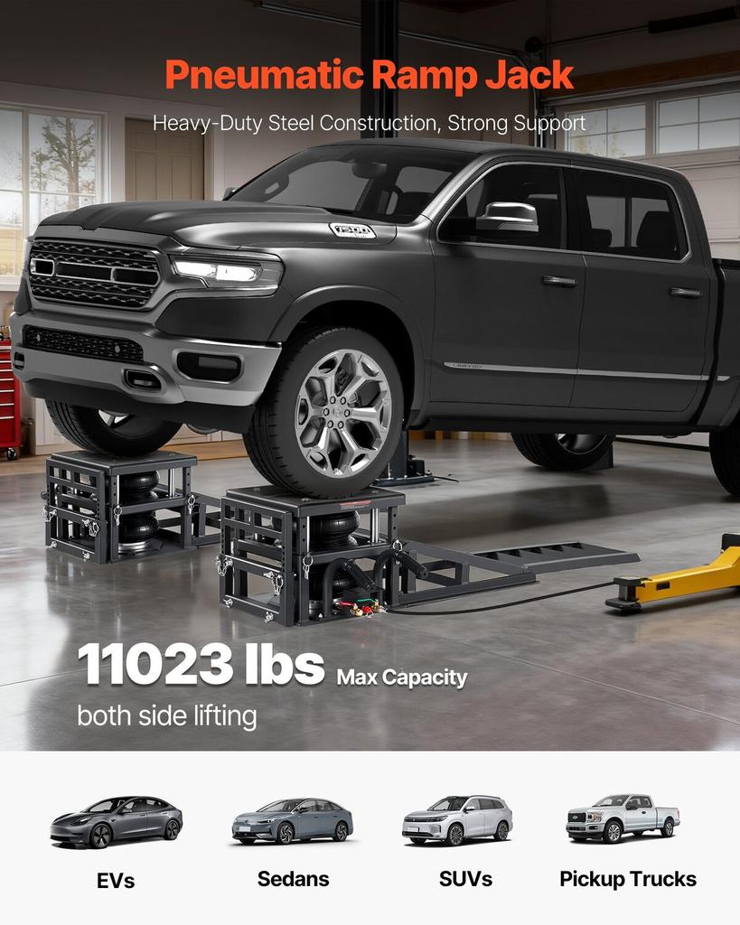 Air Portable Car Lifts 2PCS, 5 Ton Capacity, 320 Mm Max Height, Pneumatic Ramp Jacks with Airbags, Wheel Chocks, Extension Ramps, Heightened Columns,
