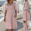 Summer New Floral Print V-neck Short Sleeve Midi Dress for Women, European Style Casual Ladies Dress