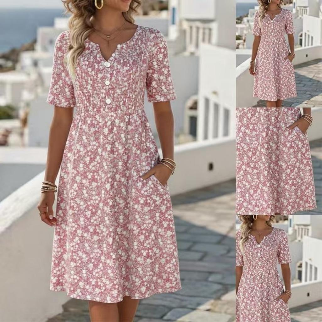 Summer New Floral Print V-neck Short Sleeve Midi Dress for Women, European Style Casual Ladies Dress
