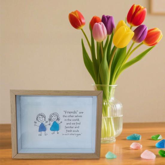 Handmade Sea Glass Decoration with Wooden Frame Rainbow Bird Family Seaglass Wall Art Decoration Framed Sea Glass Friendship Artwork Ornament