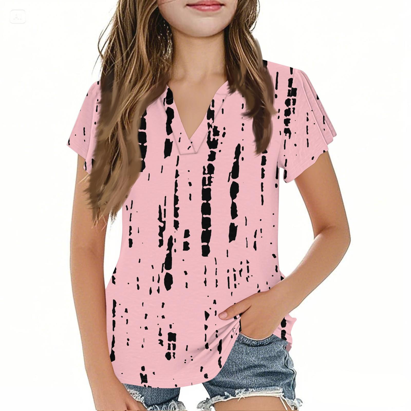 

Летний детский милый и повседневный модный топ с короткими рукавами и V-образным вырезом в полоску для девочек 130 розовый