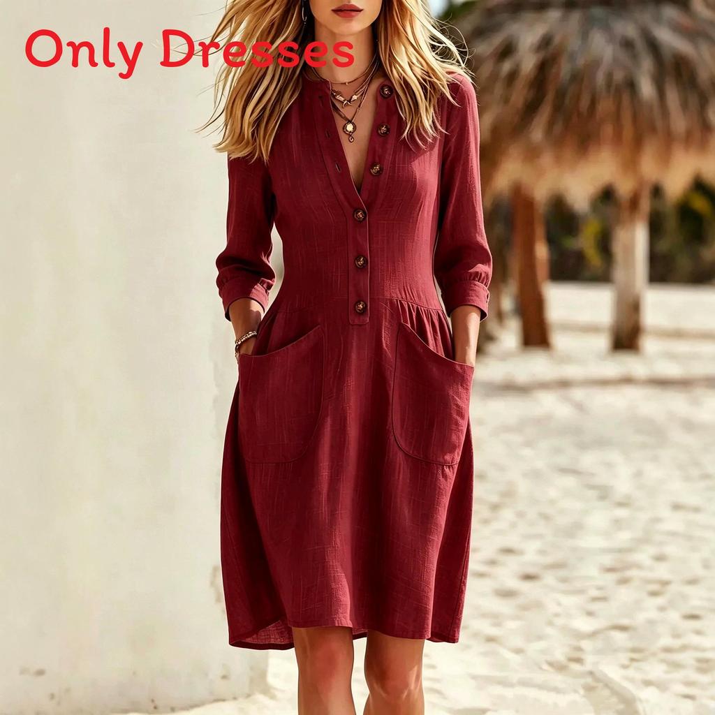 Style V Neck Button Pocket Loose Dress For Casual Travel And Outing