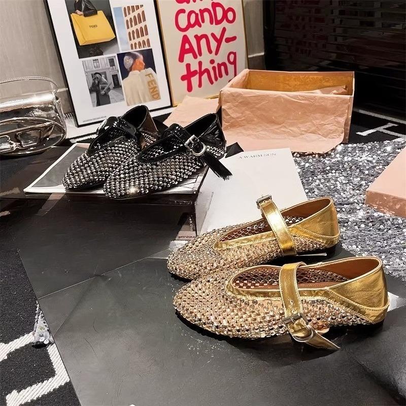 Fashion New Rhinestone Full Diamond Fishing Net Hollowed Out One Word Mary Zhen Baotou Flat Single Shoes Round Toe Sandals for Women