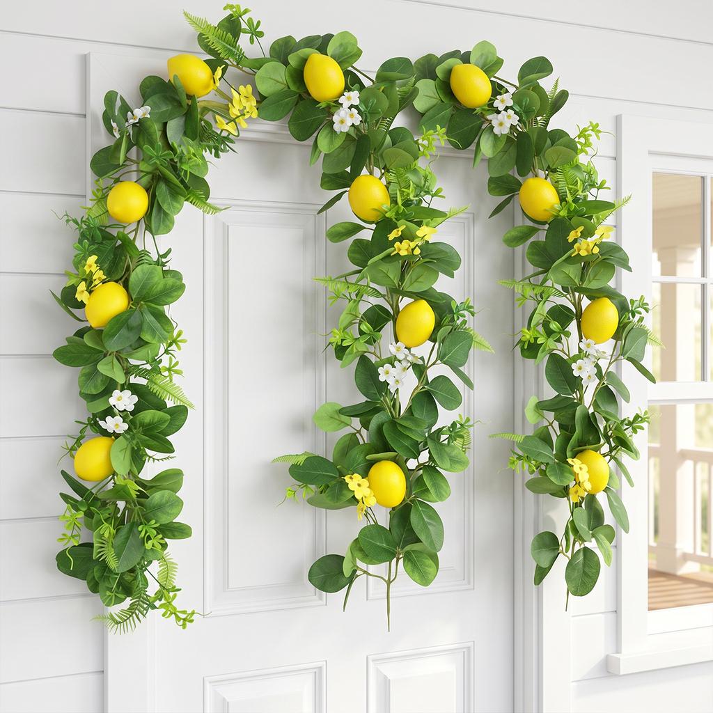 Realistic Artificial Lemon Garland with Green Leaves Simulated Lemon Vine Strips for Party Wedding Backdrop Front Door Decor