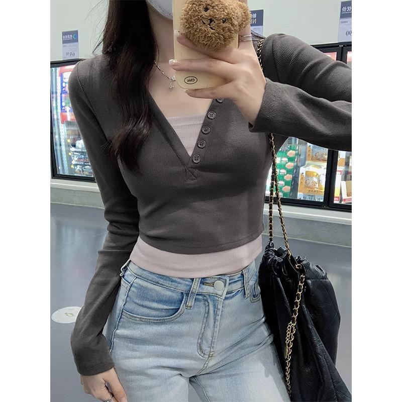 

Fake Two-piece Right-shoulder Pink Long-sleeved T-shirt for Women In Autumn, Slim-fitting, Unique, Chic, Sweet and Spicy Bottoming Top M