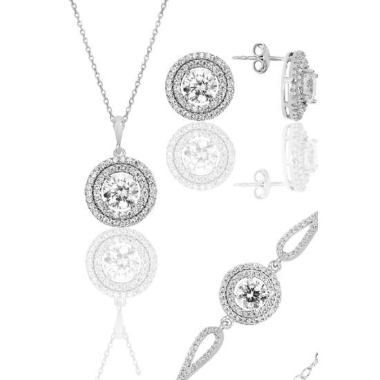 

Gümüş rodyumlu zirkon taşlı pırlanta montürlü yuvarlak bileklikli üçlü set