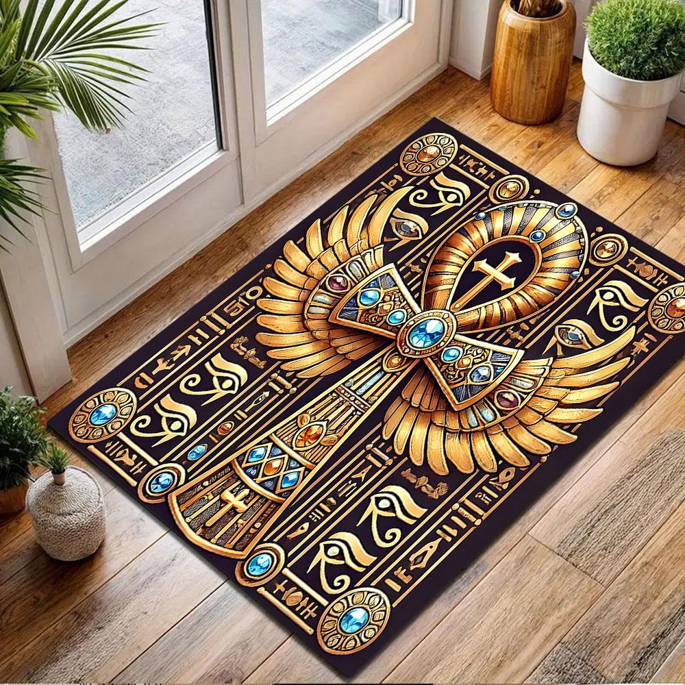 Golden Pharaoh Winged Cross Design Patterned Carpet, Non Slip Mat Suitable for Living Room and Bedroom Sofas