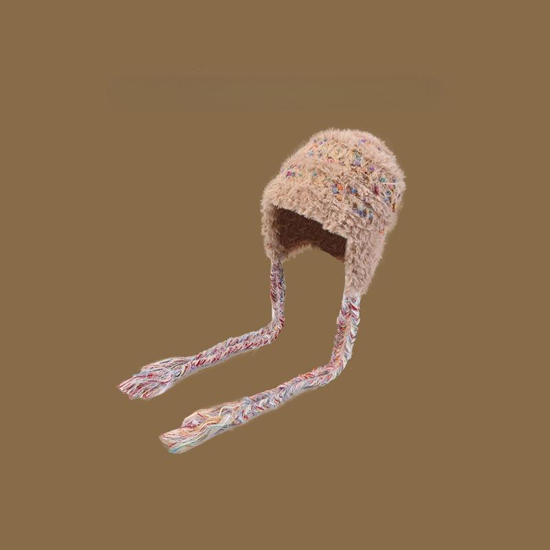 Korean Style Women's Cute Knit Hat Colorful Snowflake Fleece Hand Woven Tie Strap Autumn Winter Warm