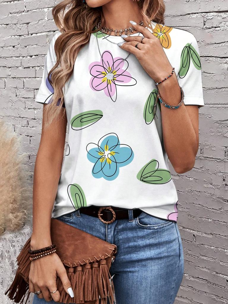 Sunflower Color Flower 3D Printing Women's T-shirt Casual Round Neck Short-sleeved Top Harajuku Y2k Tee Women's Clothing