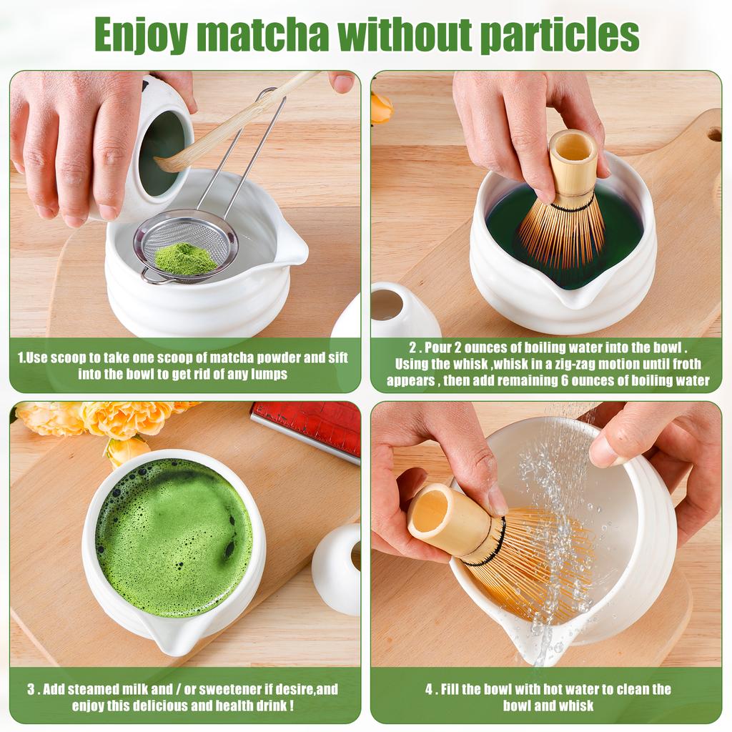 Matcha Besen Set Keramik Matcha Schale mit Ausgießer Matcha Bambusbesen Edelstahl Sieb Keramik Besenhalter Bambuslöffel
