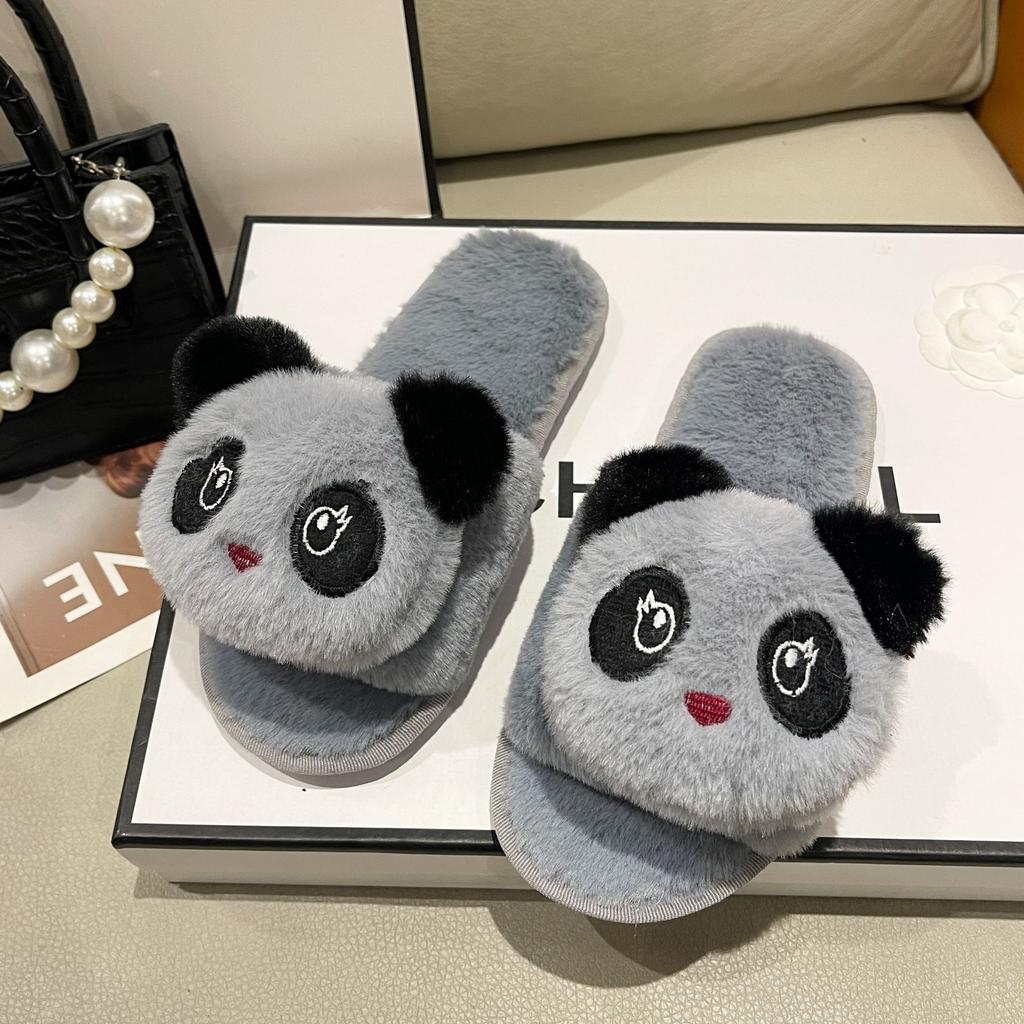 Cartoon Panda Herbst- und Winter-Baumwollpantoffeln Haushalt Niedliche Indoor-Plüschpantoffeln Rutschfeste Flache Sohle Flauschige Einwort-Pantoffeln