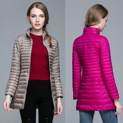 Women's Mid-Length Lightweight Down Jacket - Autumn/Winter, Stand-up Collar, Solid Color, Korean Fashion, Plus Size, Slim Fit.