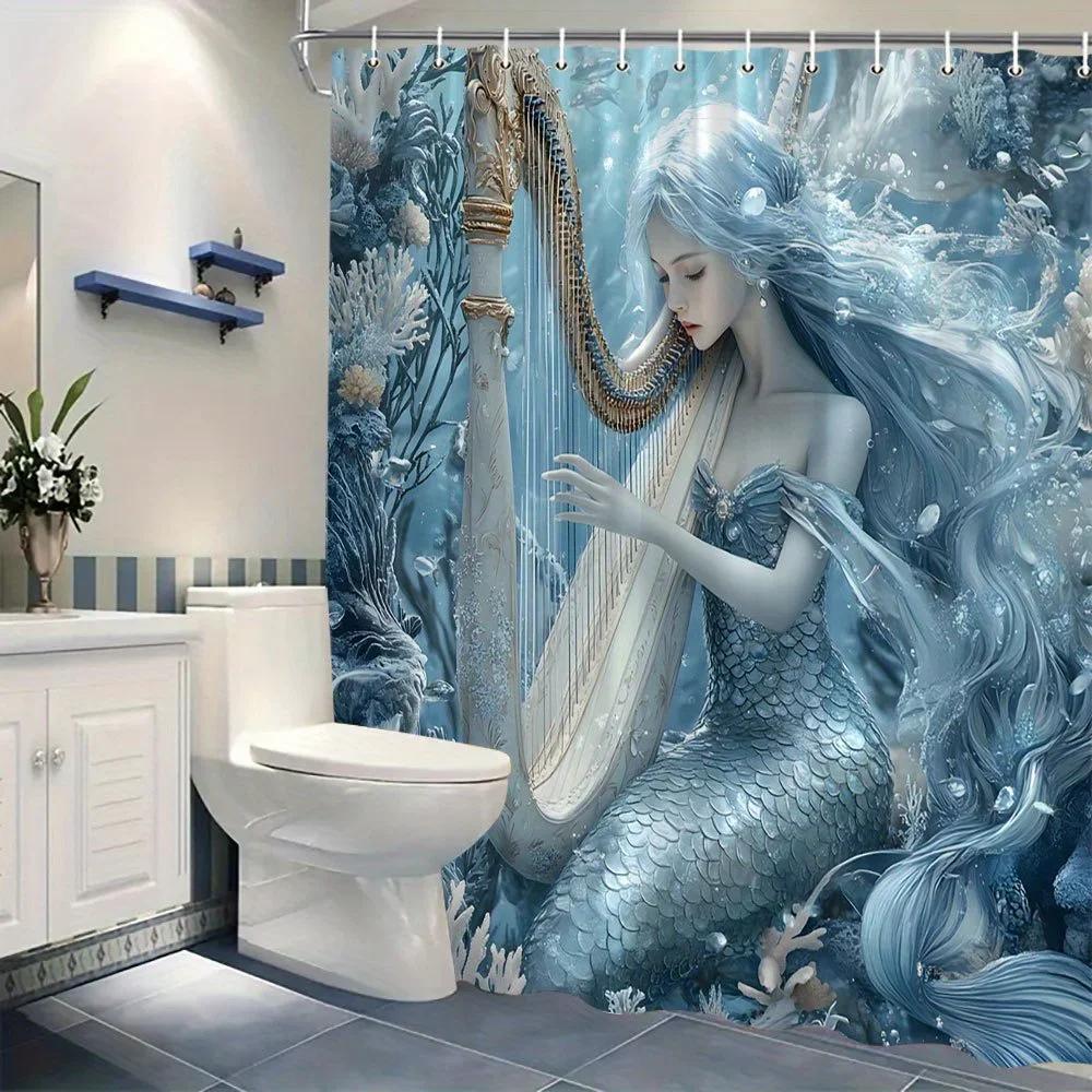 Enchanting Mermaid Harp Shower Curtain - Oceanic Fantasy Design For Modern Bathroom Décor, Waterproof, Easy Care & Unique Art