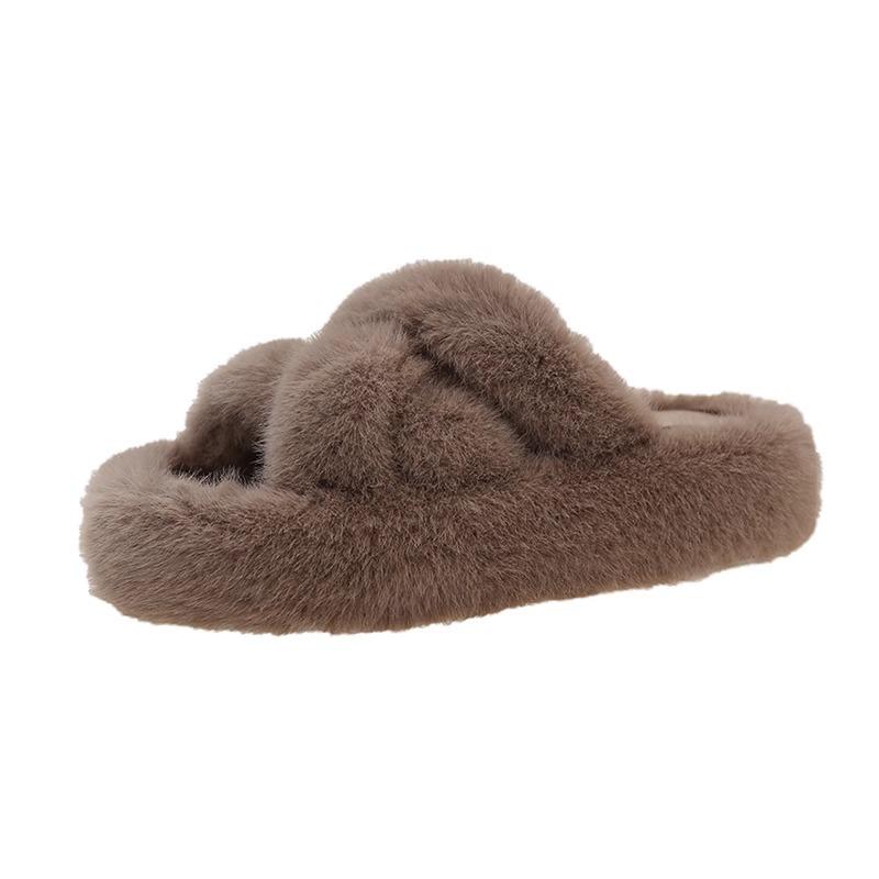 Internet celebrity fluffy slippers women's 2025 autumn new outer wear thick-bottomed versatile velvet warm non-slip one-word cotton slippers