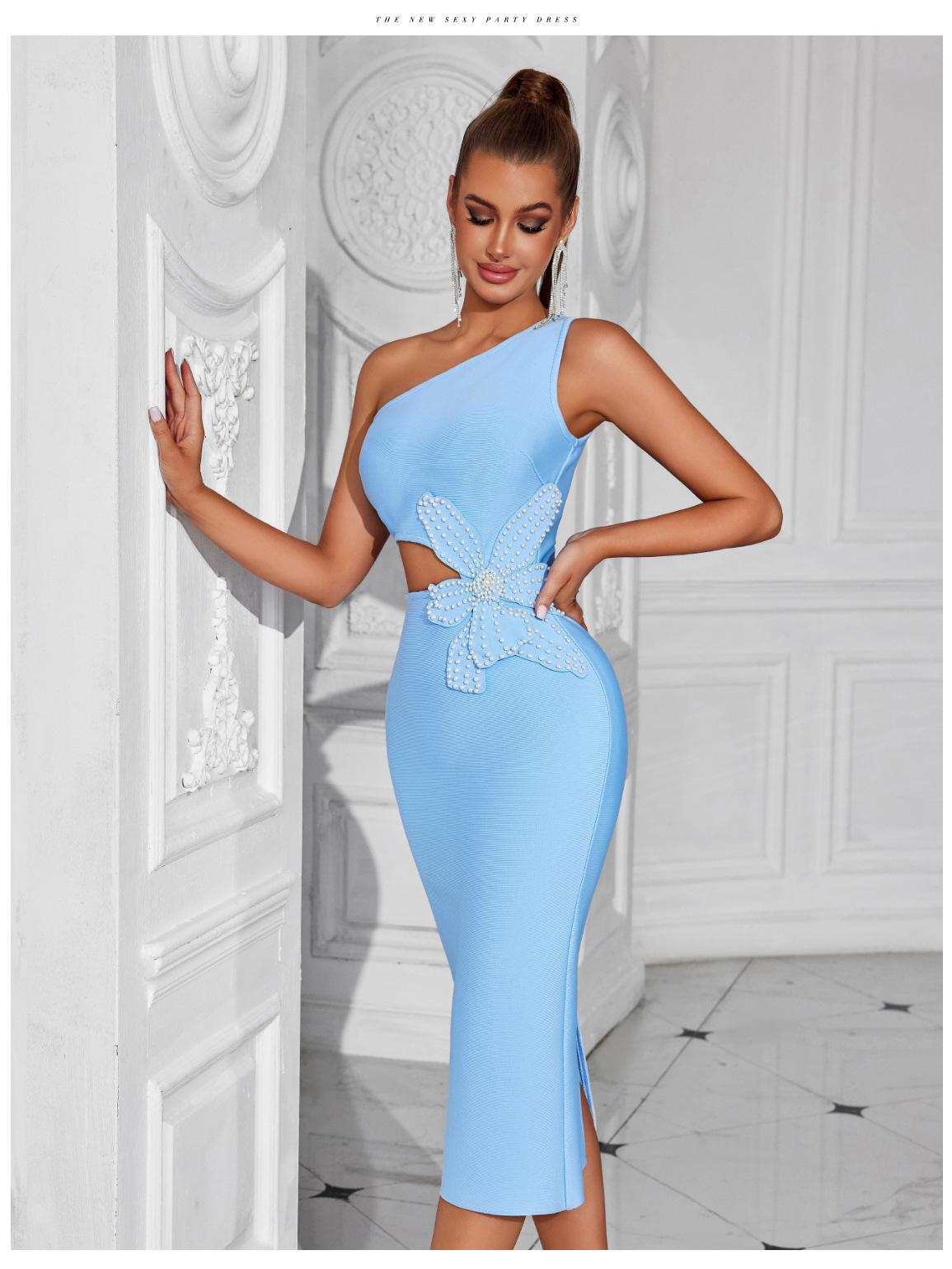 New bandage bow dress women s sexy shoulder slim slim dinner party dress XS светло-синий