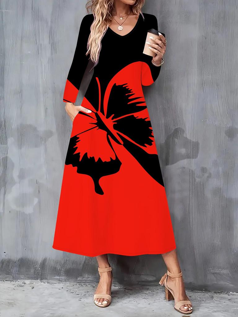 2025 Herbst und Winter Neue Damen Casual Mode Kleid 3D Schmetterlingsdruck Langarm V-Ausschnitt A-Linien Kleider