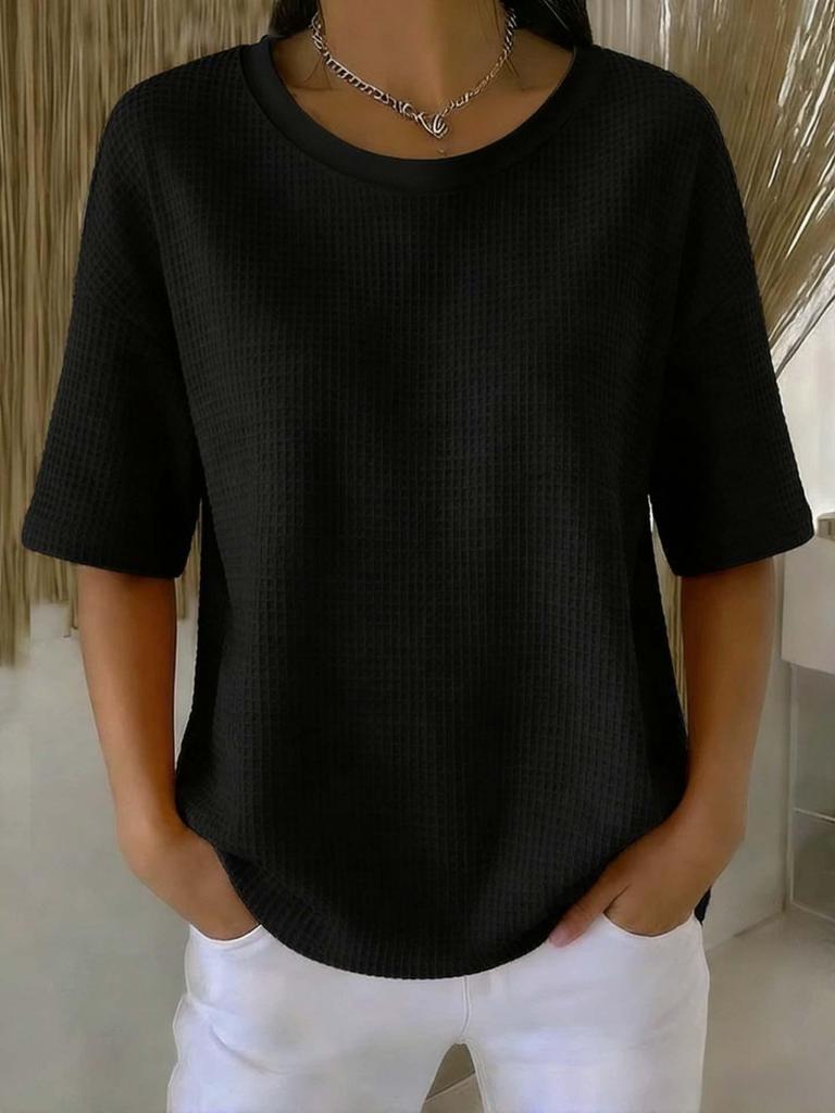 2026 Summer New Fashion: Simple Solid Color Waffle Knit Round Neck Short Sleeve Top