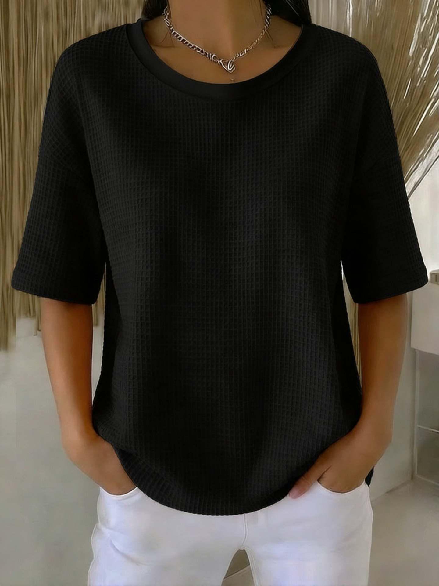 

2026 Summer New Fashion: Simple Solid Color Waffle Knit Round Neck Short Sleeve Top 3XL