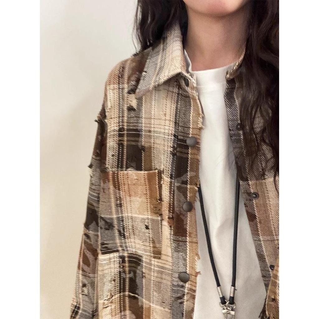 Camicia da Donna Autunno 2025 Retrò Tie-Dye a Quadri a Maniche Lunghe con Quattro Bottoni