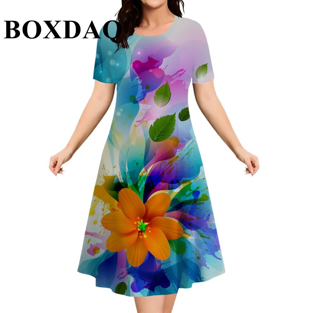 2026 New Women Dresses Fashion Plus Size Summer Flower 3D Print Short Sleeve Dress Casual Tie Dye Loose A-Line Dress Streetwear