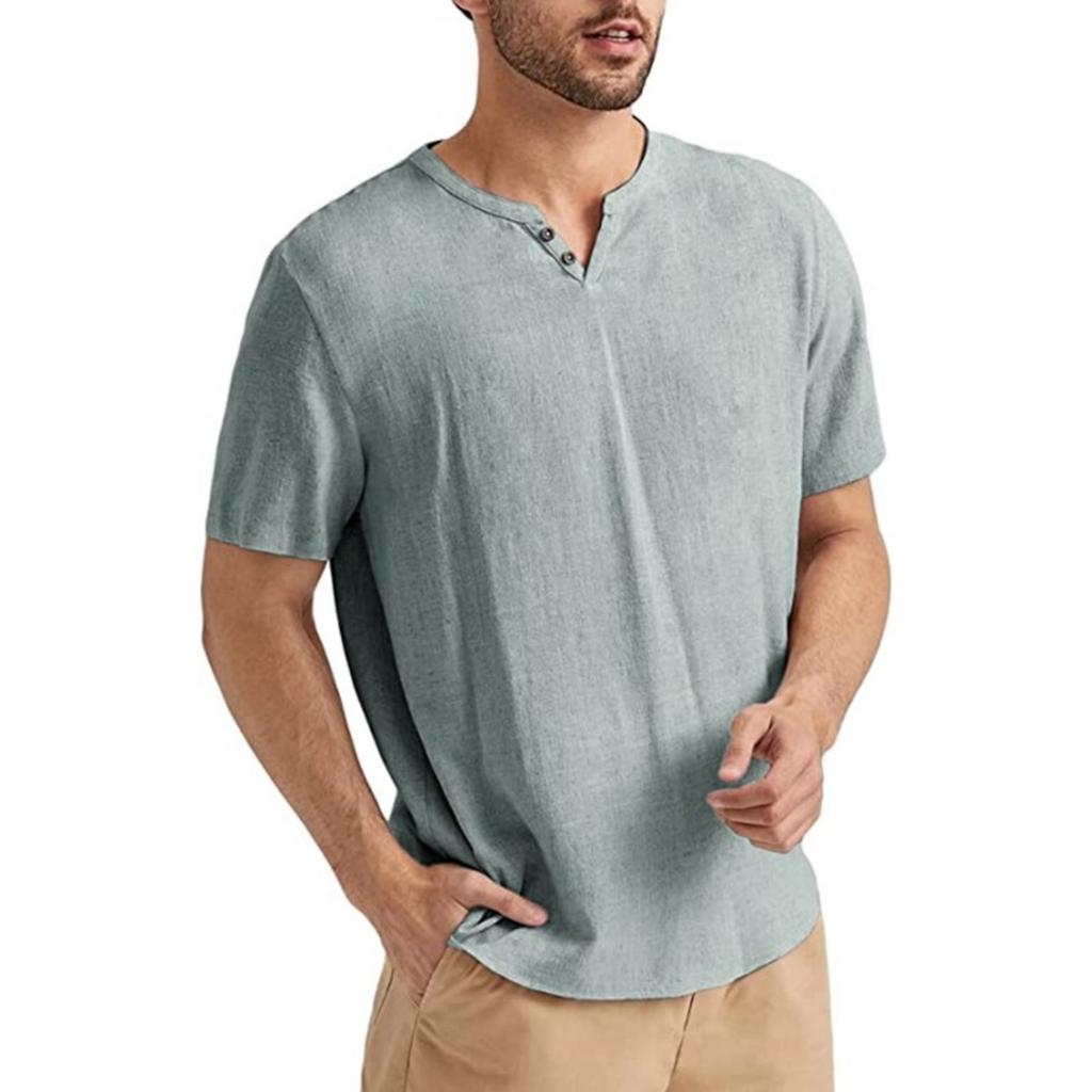 Men's Casual -color Short-sleeved Shirt With V-neck And Light Short-sleeved Top