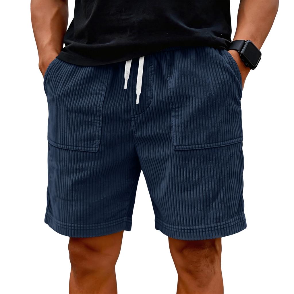 Men Corduroy Shorts with Drawstring Waist Relaxed Fit Casual Shorts with Side Pockets and Elastic Waistband