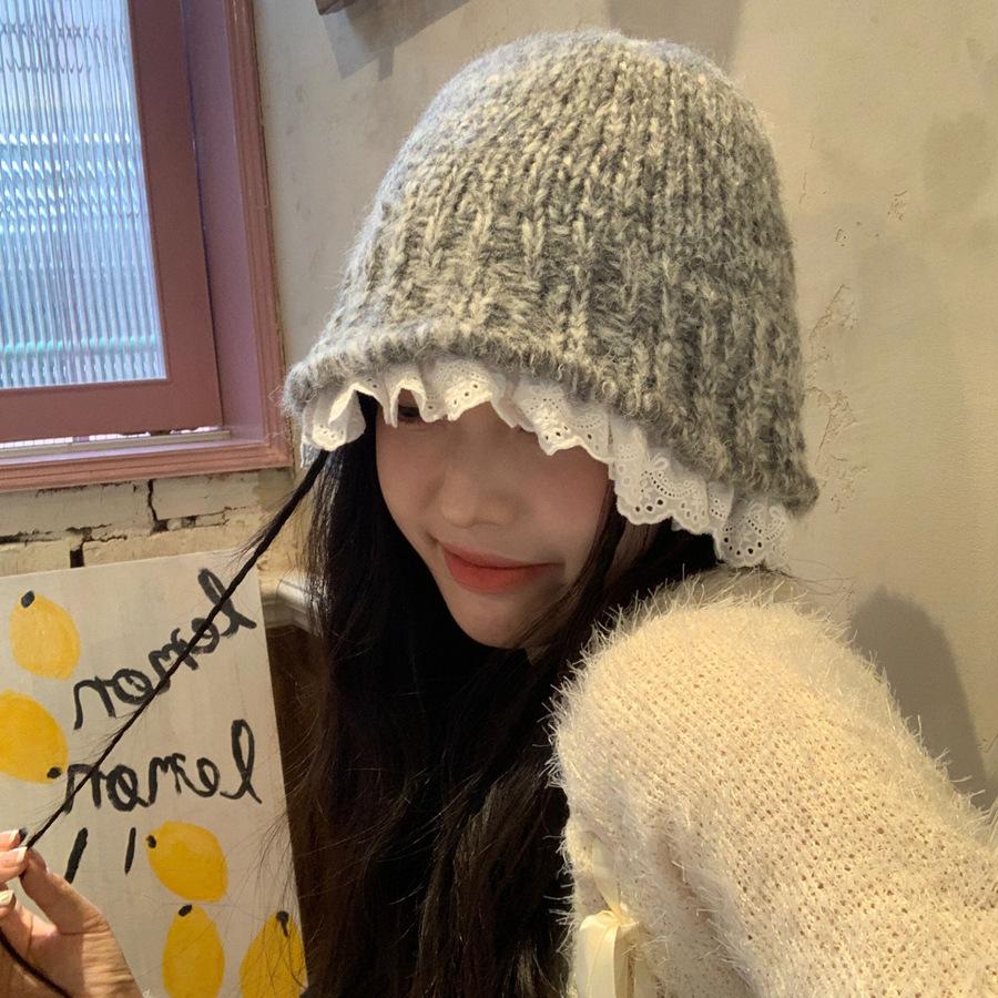 Lazy wind gray knitted hat women's autumn and winter literary lace wool bucket hat showing small face warm pot hat