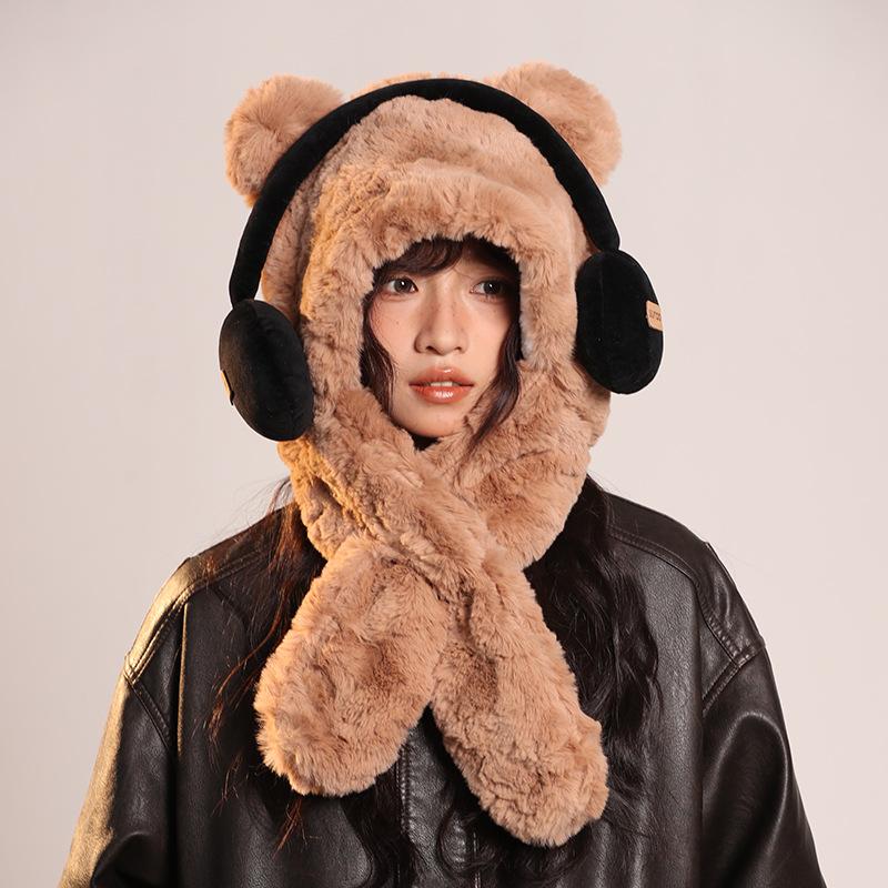 Winter Thickened Cute Headphones Bear Hat Scarf Plush Ear Protection Lei Feng Hat Riding Cold Pullover Hat